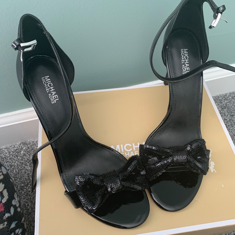MK black sequin bow open toe stiletto heels